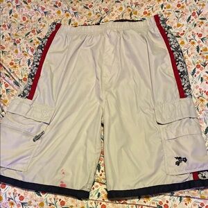 Plugg Men's Beige Cargo Shorts with Red and Black Accents